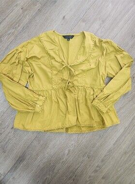 Calligraphie Anthropologie Mustard Yellow Tie Front Peplum Blouse Lace Trim